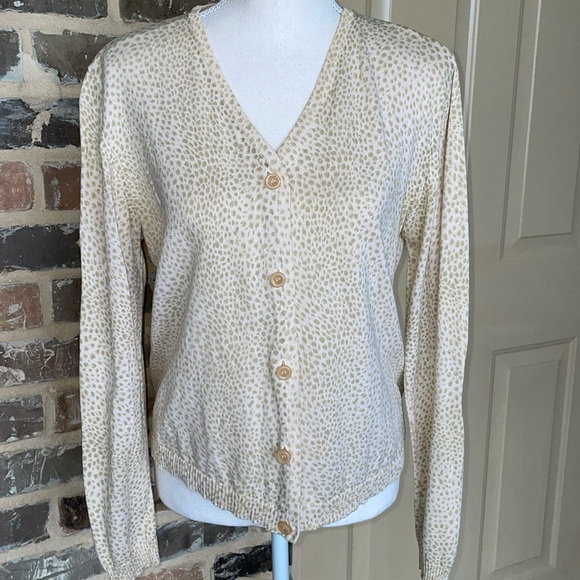 Vintage Liz Claiborne Tan Animal Print Cotton Cardigan Retro Chic Size Small - Picture 2 of 10
